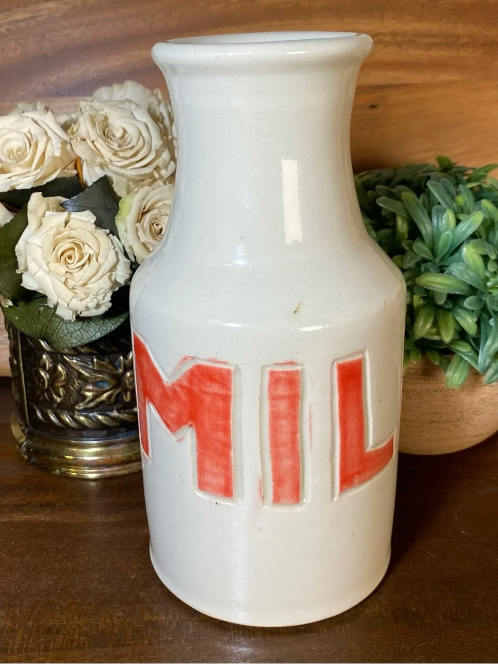 Handmade Studio Pottery Milk Bottle Vase Signed TB '13 Farmhouse Decor
